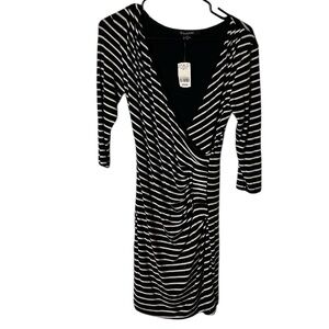 Le Château,faux wrap  B&W dress S, NEW! surplice striped,pleats,ruching,stretchy